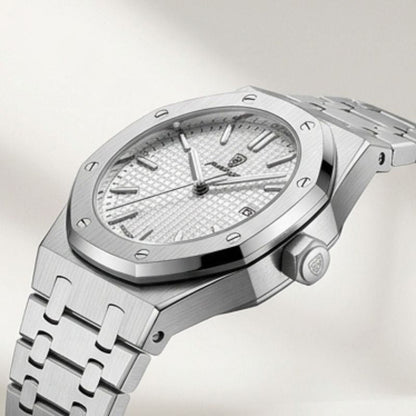 Relógio masculino Poedagar Deluxe Octagon Silver White em aço inoxidável, mostrador branco — vista do conjunto