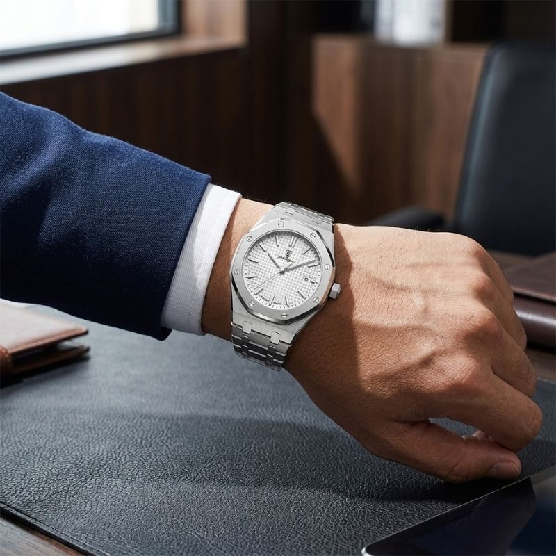 Relógio masculino Poedagar Deluxe Octagon Silver White em aço inoxidável, mostrador branco — detalhe do design