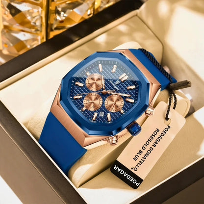 Relógio masculino Poedagar Donatello Blu Rosé em aço inoxidável, mostrador azul — detalhe do design