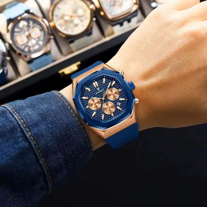 Relógio masculino Poedagar Donatello Blu Rosé em aço inoxidável, mostrador azul — vista detalhada
