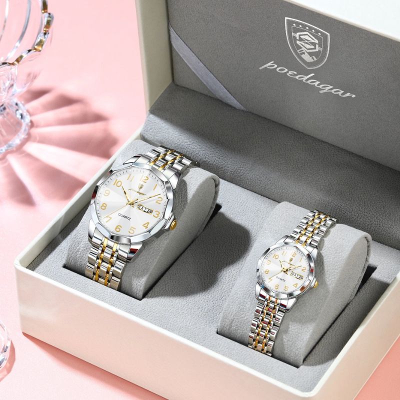 Kit relógios Poedagar Dual Essence Gold White para casal — mostrador e pulseira em aço