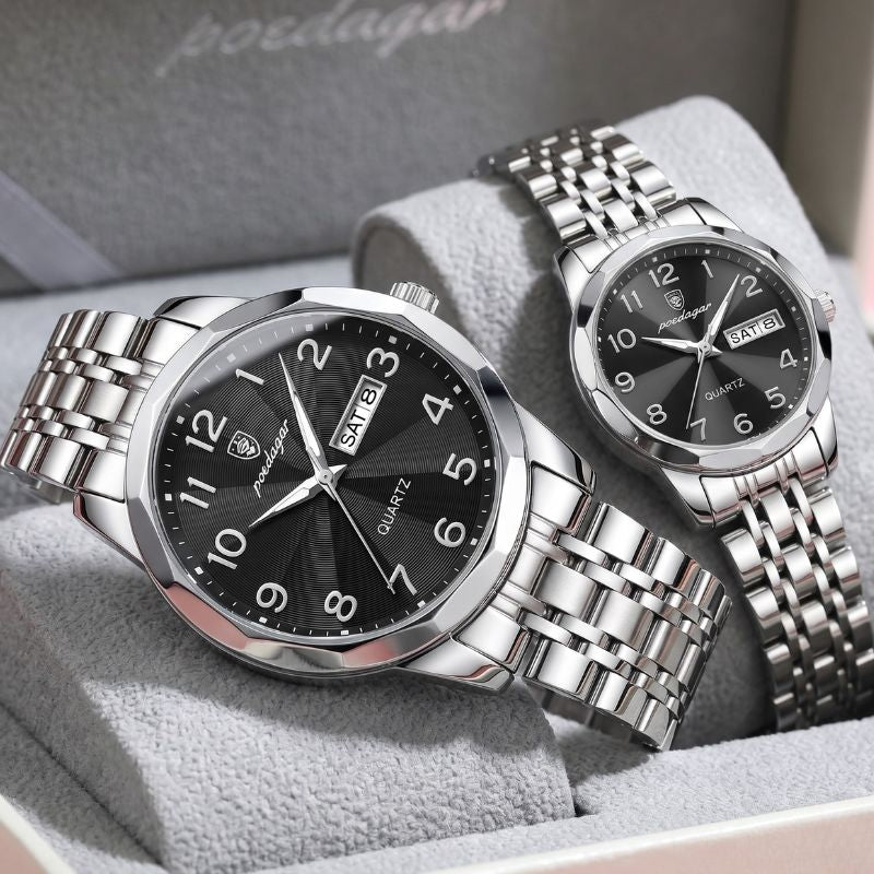 Relógio masculino Poedagar Dual Essence Silver Black em aço inoxidável, mostrador preto