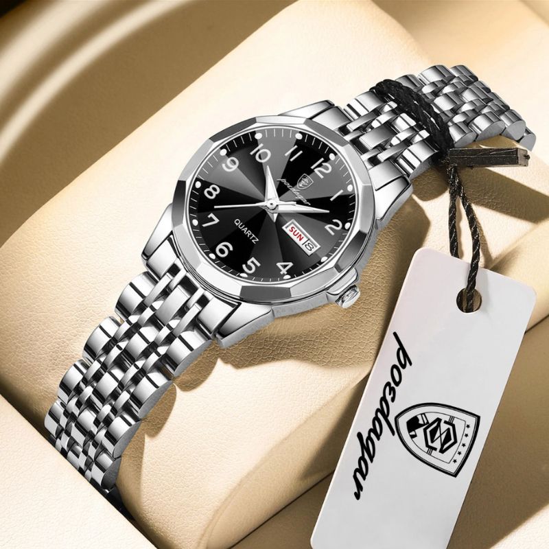 Relógio feminino Poedagar Dual Essence Silver Black, conjunto para casal — pulseira em aço