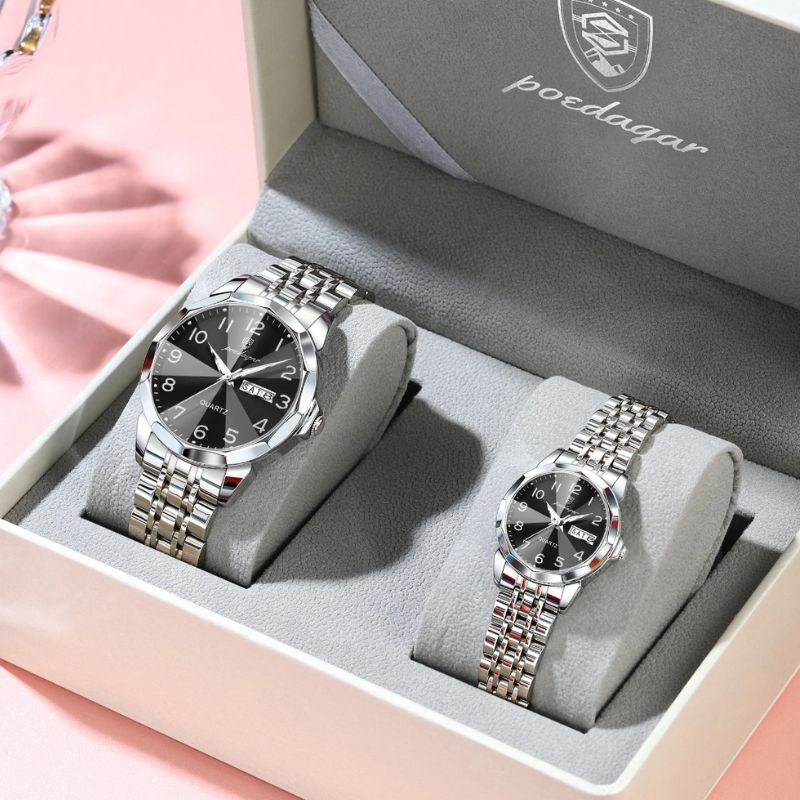 Relógios Poedagar Dual Essence Silver Black para casal — caixa de presente