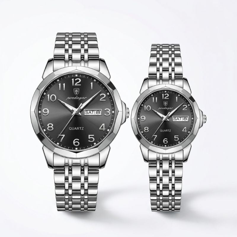 Relógios Poedagar Dual Essence Silver Black para casal — presente romântico
