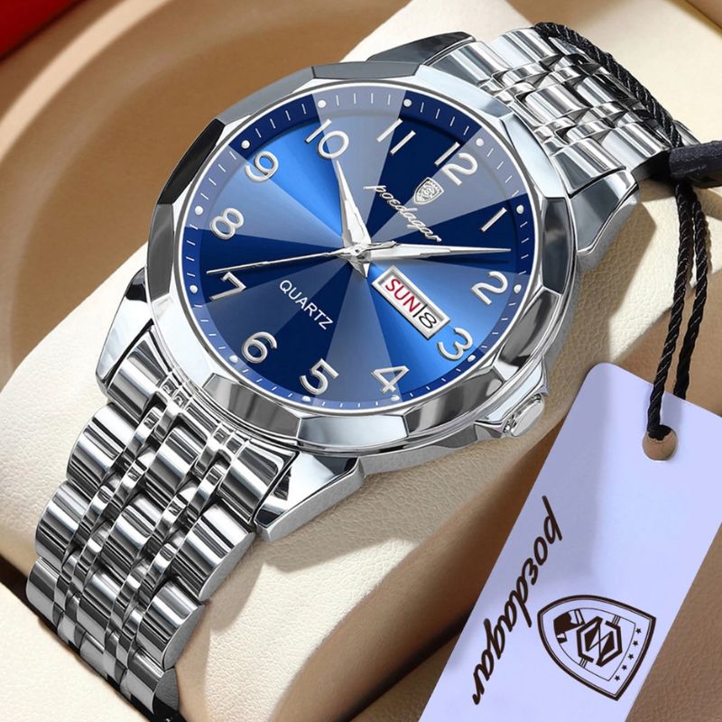 Relógio masculino Poedagar Dual Essence Silver Blue, conjunto para casal — presente romântico