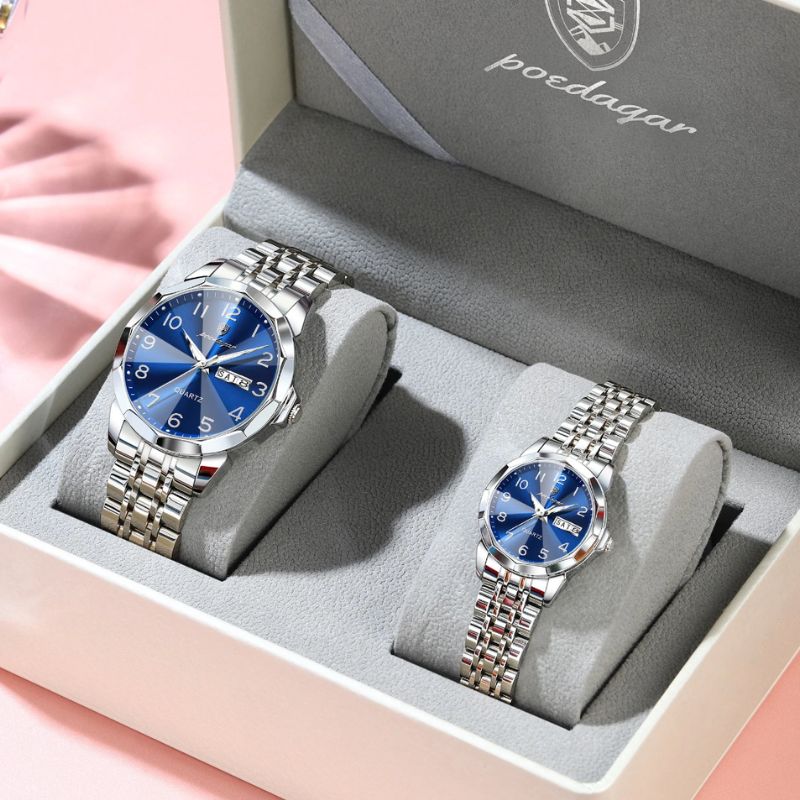 Relógios Poedagar Dual Essence Silver Blue para casal — presente para o casal