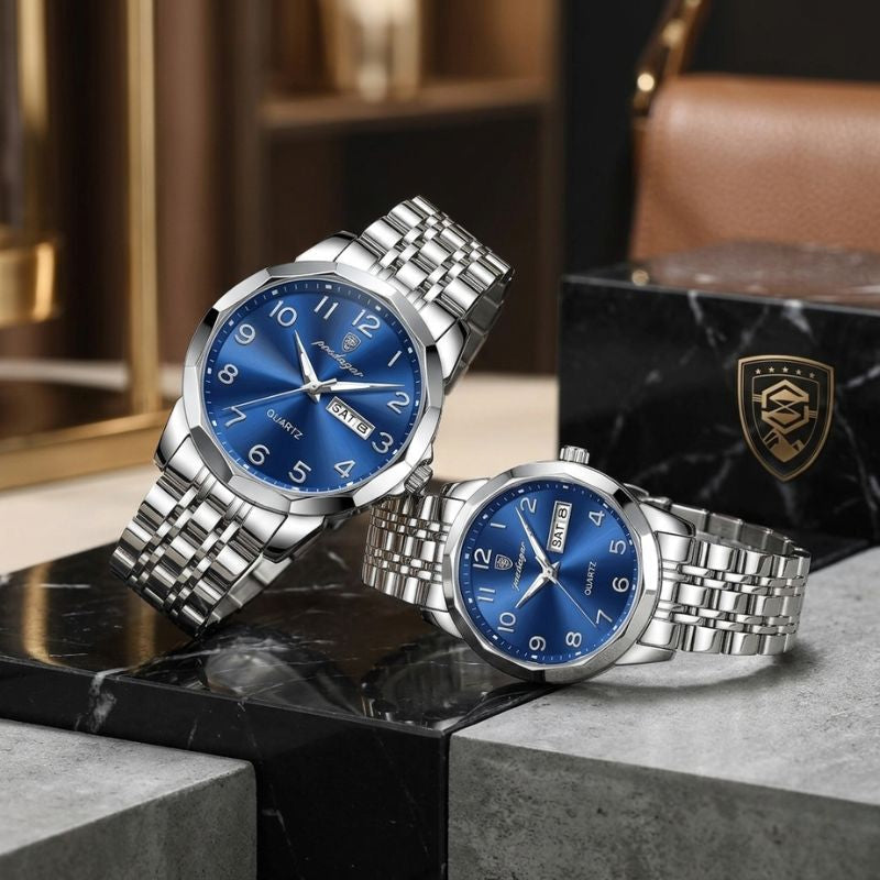 Relógios Poedagar Dual Essence Silver Blue combinando para casal — estilo moderno