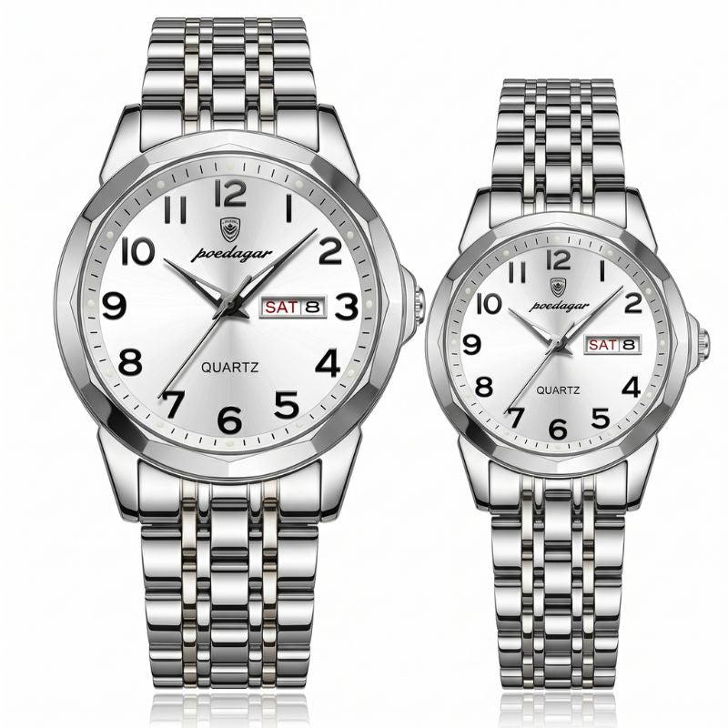 Relógios Poedagar Dual Essence Silver White para casal — em aço inoxidável