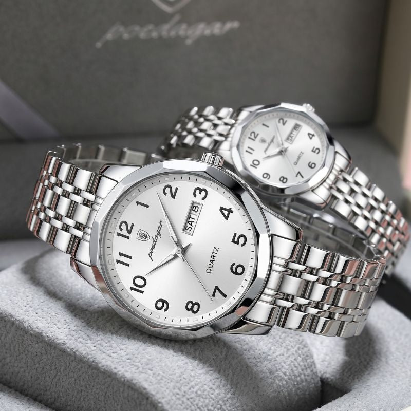 Relógios Poedagar Dual Essence Silver White para casal — design masculino e feminino