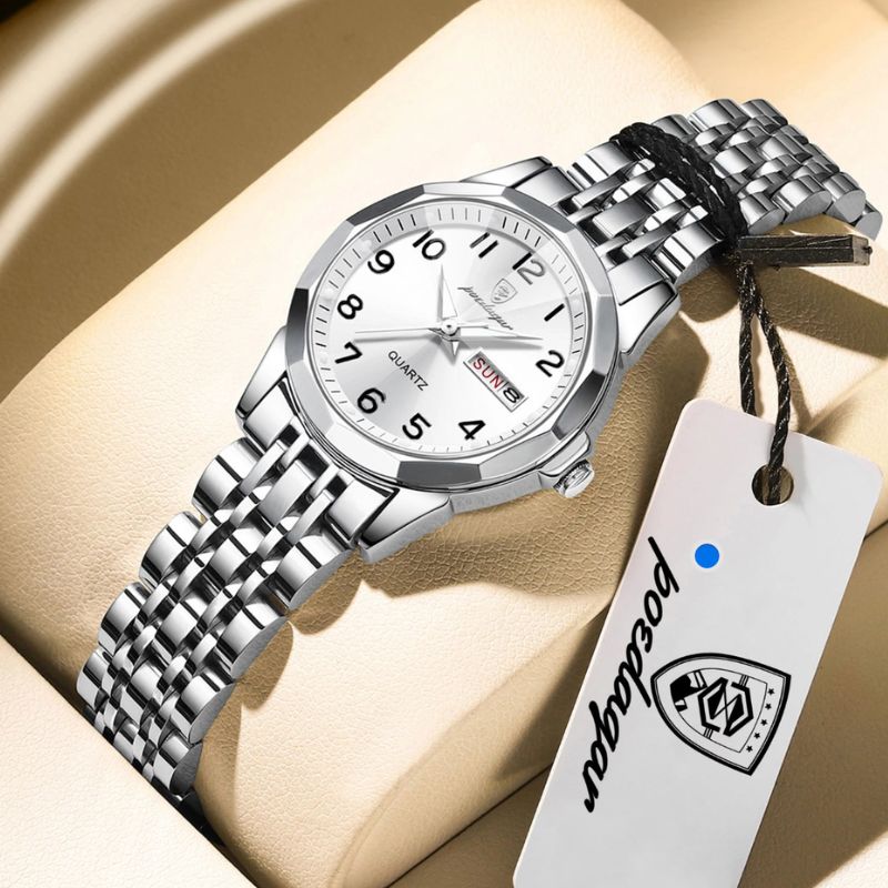 Relógio feminino Poedagar Dual Essence Silver White, conjunto para casal — em aço