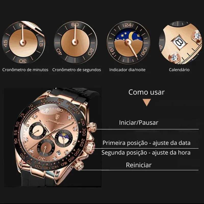 Relógio masculino Poedagar Ducatti Rosé Nero em silicone, mostrador preto — outro ângulo