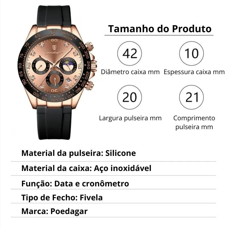 Relógio masculino Poedagar Ducatti Rosé Nero em silicone, mostrador preto — detalhe do acabamento