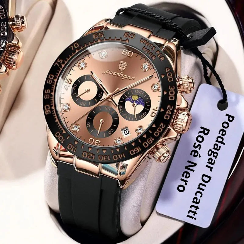 Relógio masculino Poedagar Ducatti Rosé Nero em silicone, mostrador preto — detalhe do design