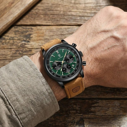 Relógio masculino Poedagar Etienne Black Green em couro, mostrador verde — detalhe do acabamento