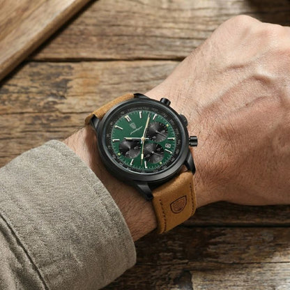 Relógio masculino Poedagar Etienne Black Green em couro, mostrador verde — vista detalhada