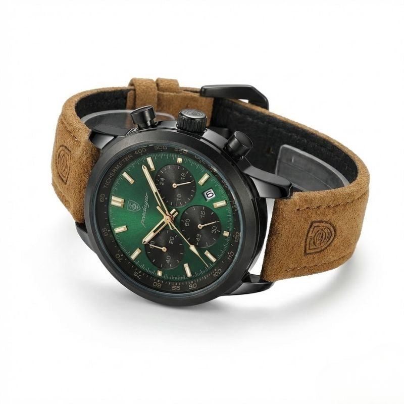 Relógio masculino Poedagar Etienne Black Green em couro, mostrador verde — vista do conjunto