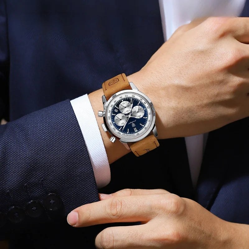 Relógio masculino Poedagar Etienne Silver Blue em couro, mostrador azul — vista detalhada