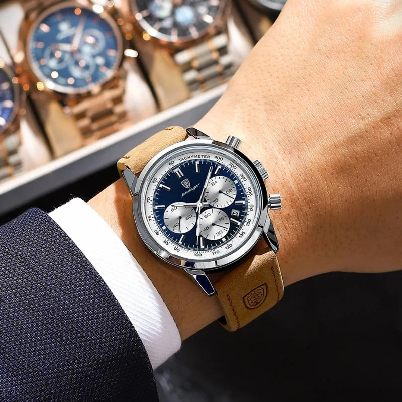 Relógio masculino Poedagar Etienne Silver Blue em couro, mostrador azul — vista do conjunto