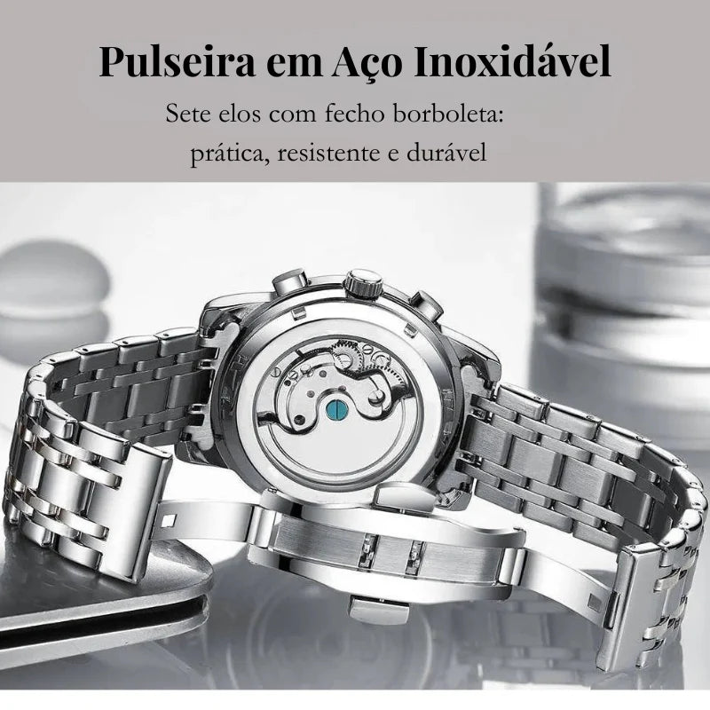 Relógio masculino Poedagar Galliano Maestro Black em aço inoxidável, mostrador preto — detalhe do design