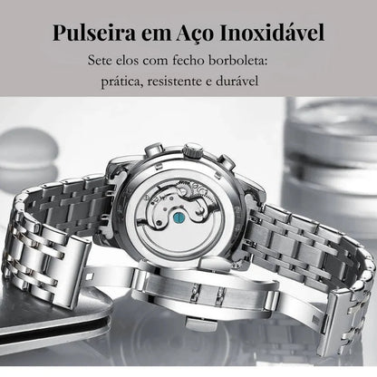 Relógio masculino Poedagar Galliano Maestro Black em aço inoxidável, mostrador preto — detalhe do design