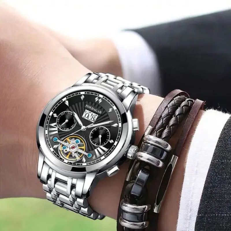Relógio masculino Poedagar Galliano Maestro Black em aço inoxidável, mostrador preto — vista detalhada