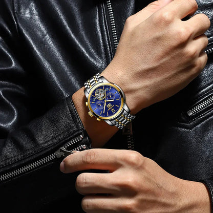 Relógio masculino Poedagar Imperatore Blue em aço inoxidável, mostrador azul — vista detalhada