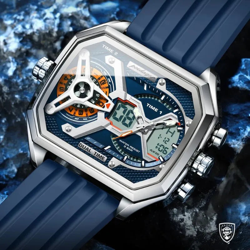 Relógio masculino Poedagar Imperium Azzurro em silicone, mostrador azul-marinho — detalhe do acabamento