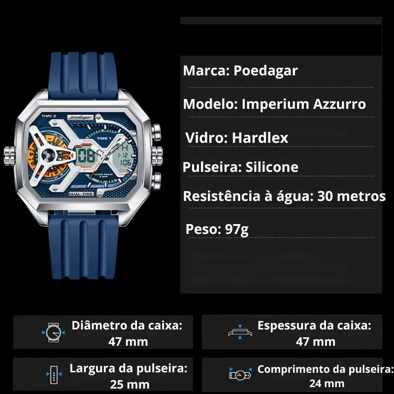 Relógio masculino Poedagar Imperium Azzurro em silicone, mostrador azul-marinho — detalhe do design