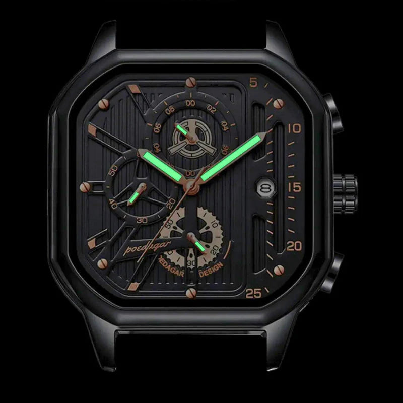 Relógio masculino Poedagar Lorenzo Carbono Rosé em aço inoxidável, mostrador ouro rosa — detalhe do design