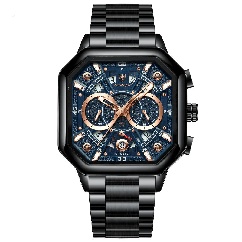 Relógio masculino Poedagar Loretto Black Blue em aço inoxidável, mostrador azul