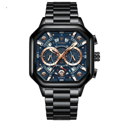 Relógio masculino Poedagar Loretto Black Blue em aço inoxidável, mostrador azul