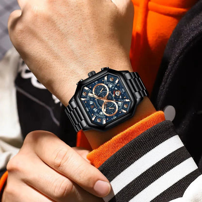 Relógio masculino Poedagar Loretto Black Blue em aço inoxidável, mostrador azul — vista detalhada
