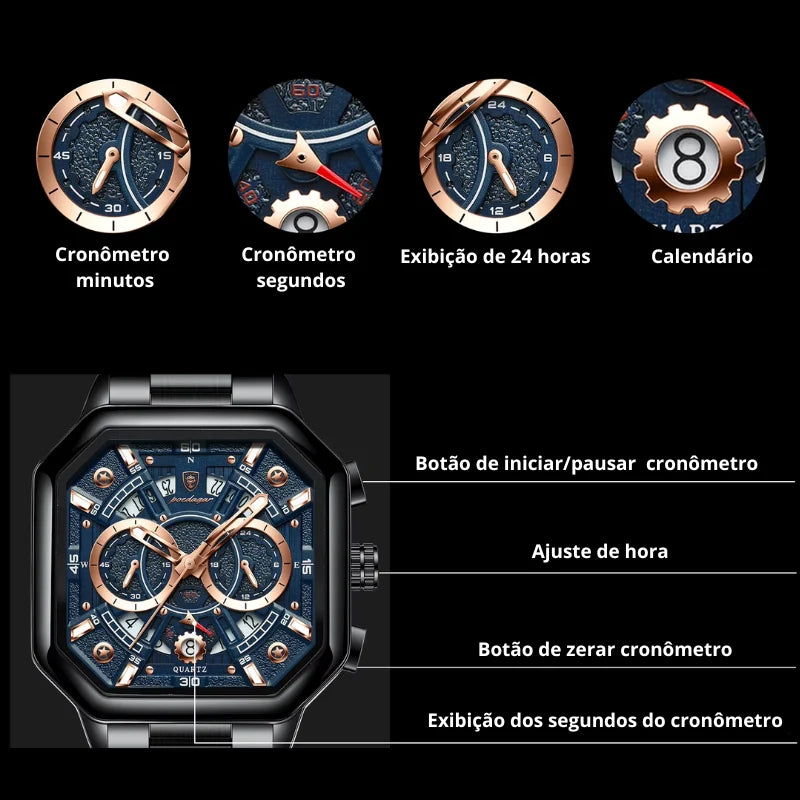 Relógio masculino Poedagar Loretto Black Blue em aço inoxidável, mostrador azul — outro ângulo
