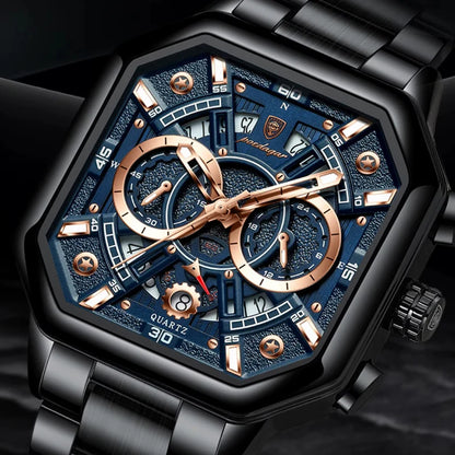 Relógio masculino Poedagar Loretto Black Blue em aço inoxidável, mostrador azul — detalhe do design