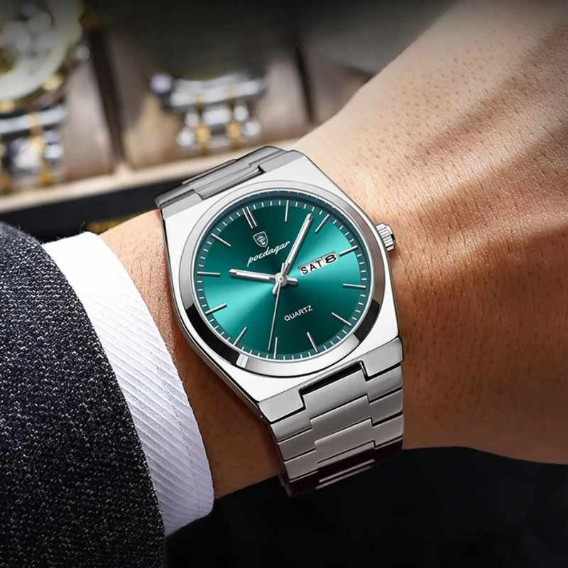 Relógio masculino Poedagar Magnate Verdi Acqua em aço inoxidável, mostrador prata — vista detalhada