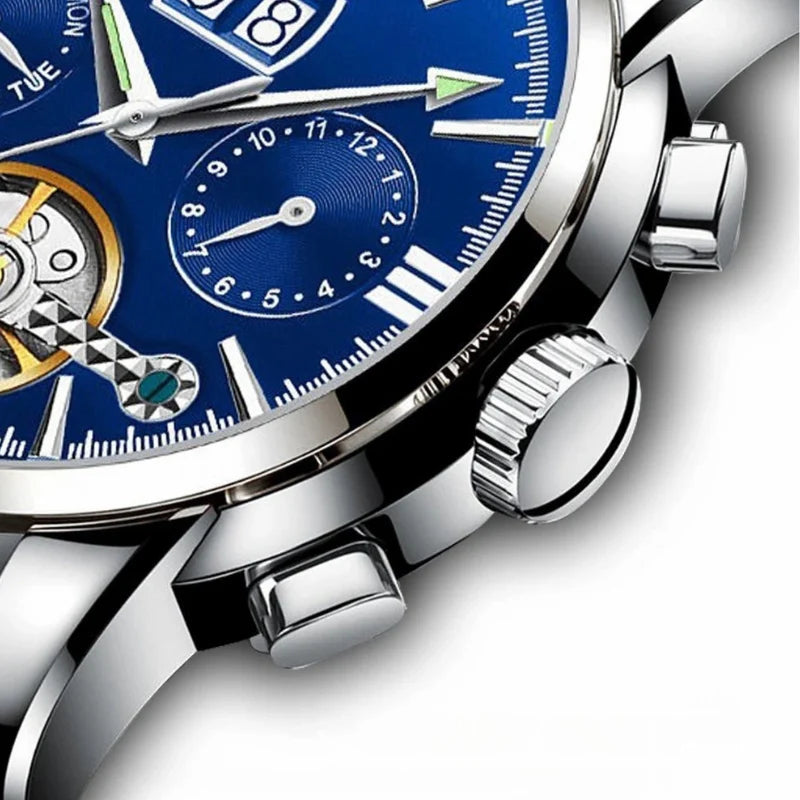 Relógio masculino Poedagar Marino Sovrano em aço inoxidável, mostrador azul-marinho — detalhe do design