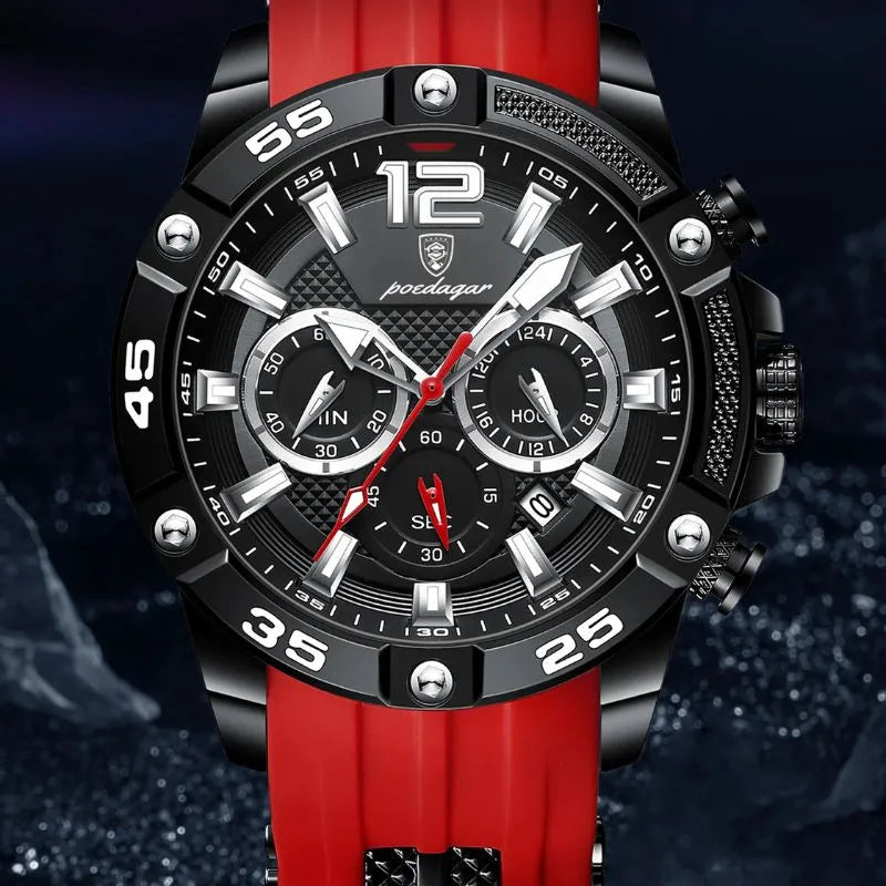 Relógio masculino Poedagar Milano Rosso em silicone, mostrador vermelho — detalhe do acabamento