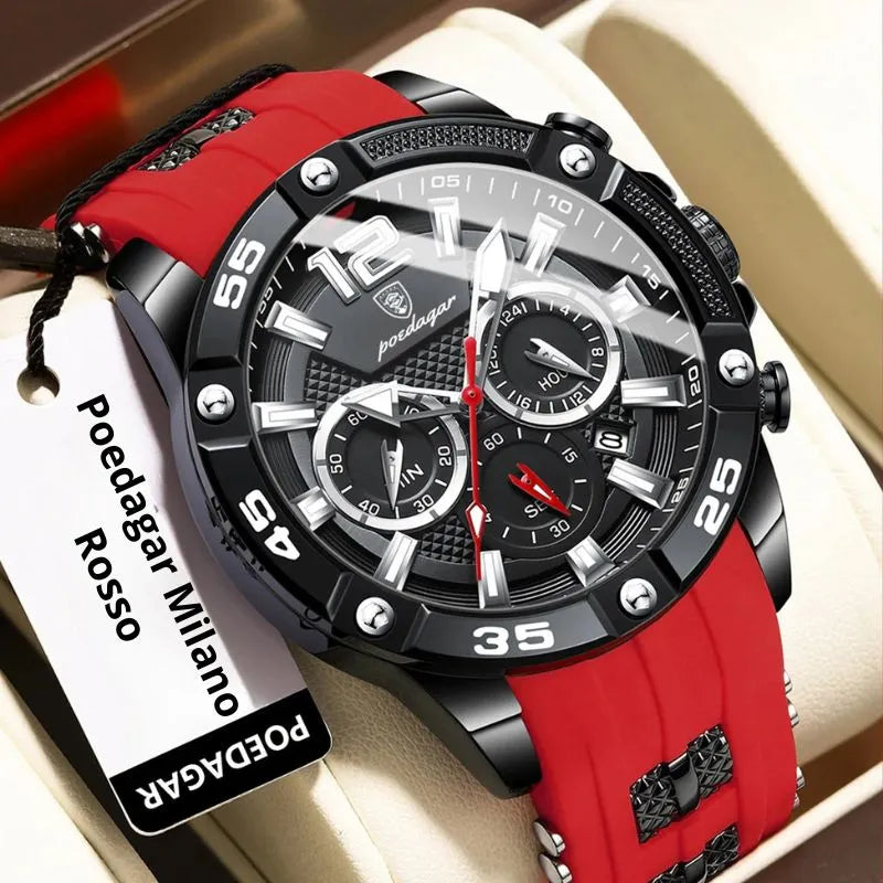 Relógio masculino Poedagar Milano Rosso em silicone, mostrador vermelho — vista do conjunto