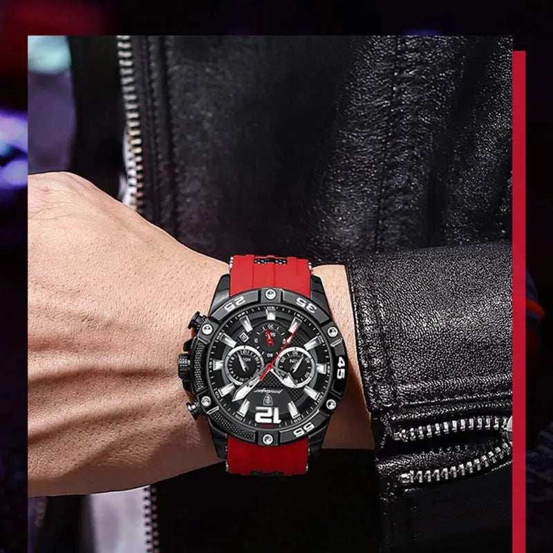 Relógio masculino Poedagar Milano Rosso em silicone, mostrador vermelho — detalhe do design