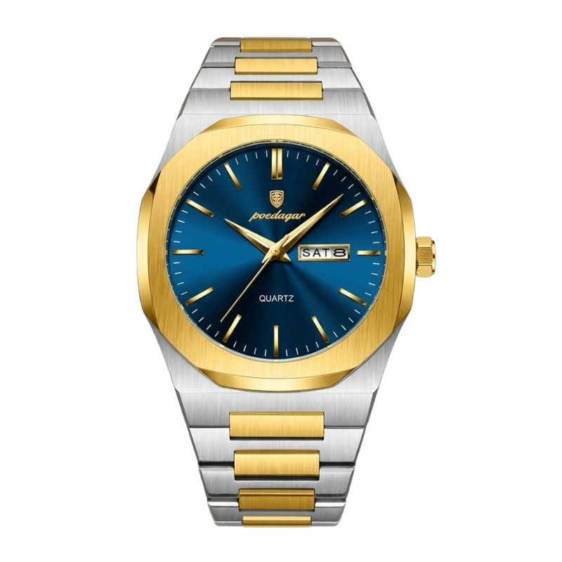 Relógio masculino Poedagar Monticello Gold Blue em aço inoxidável, mostrador azul
