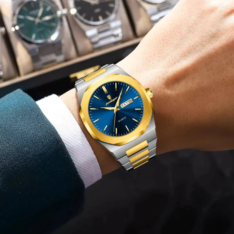 Relógio masculino Poedagar Monticello Gold Blue em aço inoxidável, mostrador azul — detalhe do acabamento