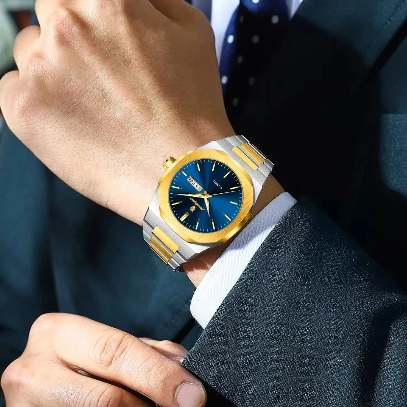 Relógio masculino Poedagar Monticello Gold Blue em aço inoxidável, mostrador azul — vista detalhada