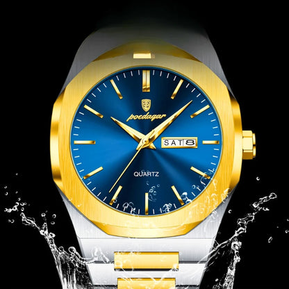 Relógio masculino Poedagar Monticello Gold Blue em aço inoxidável, mostrador azul — vista do conjunto