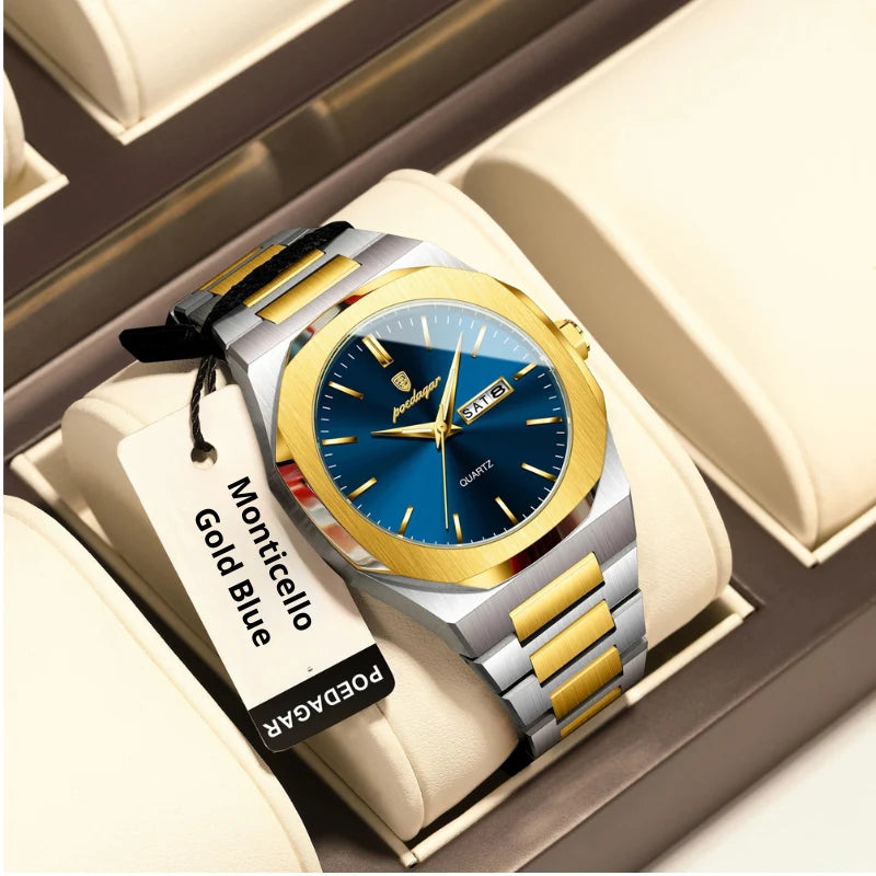 Relógio masculino Poedagar Monticello Gold Blue em aço inoxidável, mostrador azul — outro ângulo