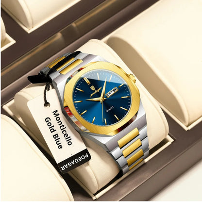 Relógio masculino Poedagar Monticello Gold Blue em aço inoxidável, mostrador azul — outro ângulo
