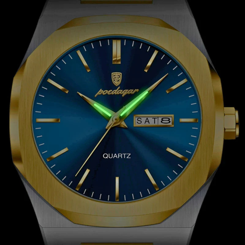 Relógio masculino Poedagar Monticello Gold Blue em aço inoxidável, mostrador azul — detalhe do design