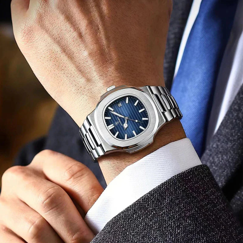 Relógio masculino Poedagar Nautilus Blue em aço inoxidável, mostrador azul — vista detalhada