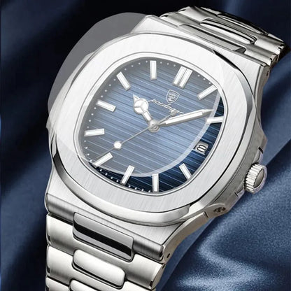 Relógio masculino Poedagar Nautilus Blue em aço inoxidável, mostrador azul — outro ângulo