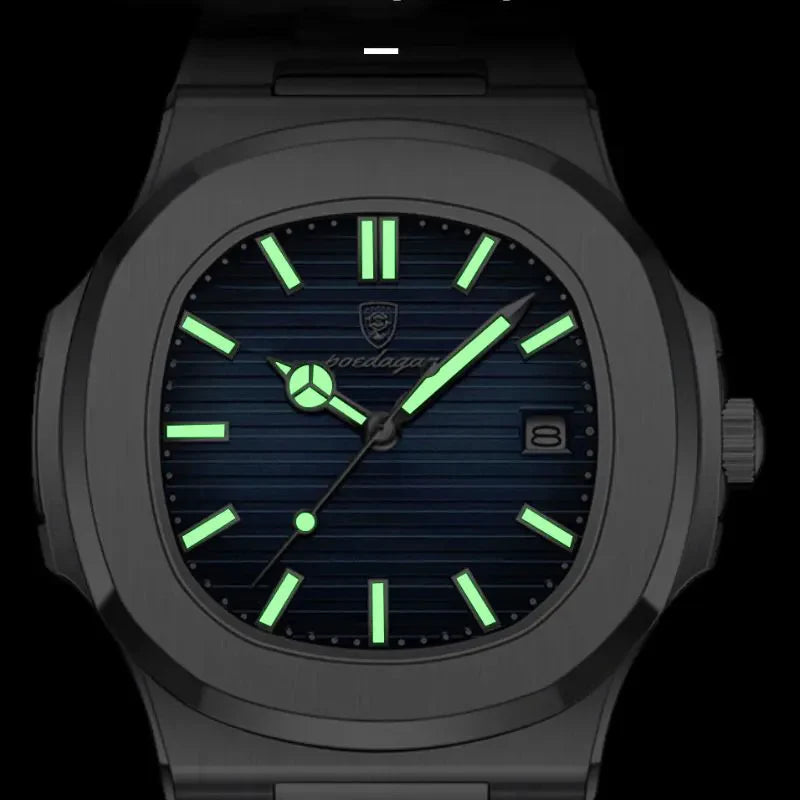 Relógio masculino Poedagar Nautilus Blue em aço inoxidável, mostrador azul — detalhe do acabamento